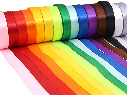 15 Rollen Satinbänder in verschiedenen Farben, 360 Meter, 1,8 cm breit, Satinband für Schleifen, Basteln, Geschenke, Party, Hochzeit, Weihnachtsdekoration