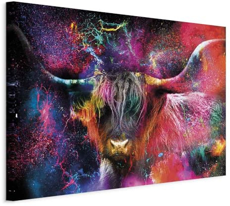 murando - Leinwandbild Highland Kuh bunt, Schlafzimmer, Wohnzimmer, modern | Hochwertige Leinwand, sofort aufhängbar, ideal fürs Wohn- oder Schlafzimmer, wasserfest und lichtecht, langlebig, stilvoll