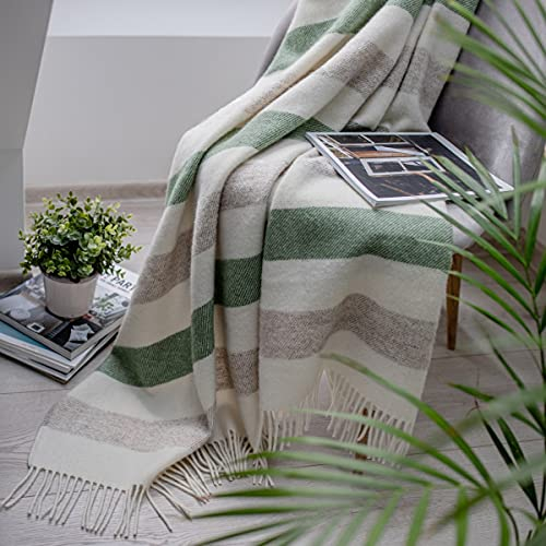 Linen & Cotton Invernale e Caldo Plaid Copriletto Malmo a Righe -100% Pura Lana Neozelandese, Beige Naturale Bianco Verde (140 x 200 cm) Coperta per Divano Letto Singolo Matrimoniale Tutte le Stagioni