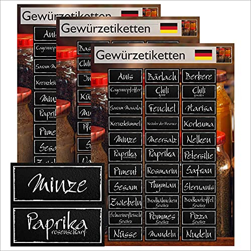 88 Gewürzetiketten 52x22 mm eckig - schwarz weiß - Gewürz Etiketten Selbstklebend - Wasserfest - für Gewürzgläser, Dosen und Regale Vorratsetiketten - Küchenetiketten