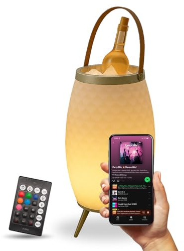 FlinQ Tragbarer Bluetooth Lautsprecher LED Lampe Bali - Weiß - M | Mit Weinkühler - Bluetooth Box - Spritzwasserdicht - Für Innen und Außen