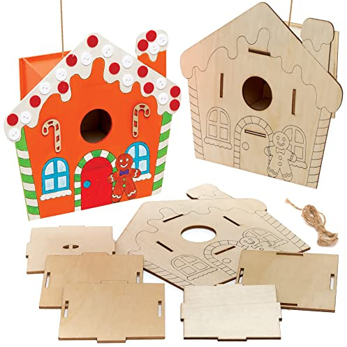Baker Ross FE927 Holzvogelhäuschen-Bausatz im Lebkuchen-Stil, Holzhandwerk zum Dekorieren und Ausstellen, Gartenhandwerk für personalisierte Kunst- und Bastelprojekte, zum Selbermachen für Kinder, 2 Stück
