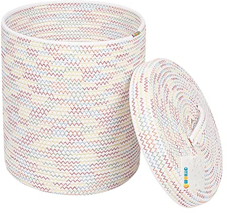 OYHOMO Aufbewahrungskorb Groß Baumwollseilkorb Baby Wäschekorb Geflochten Aufbewahrungskiste mit Deckel für Kleidung, Spielzeug, Decken, 28x33 cm, Weiß