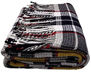 Manta Fair Deluxe Cotton All Seasons de lana de 50% algodón, 30% poliéster y 20% acrílico, manta para sofá o sofá, manta con flecos (cuadros amarillos/negros)