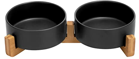 SPUNKYJUNKY Hundenapf Keramik Doppel Hund Futternapf mit Bambus Ständer für Katzen und Hunde (400ml, Schwarz)