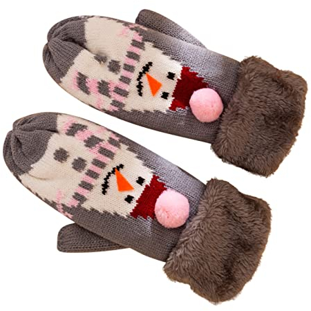 Samt-Weihnachtsstrick-Plus-Handschuhe, Wintermuster, lässig, warm, niedlich, verdickend, Damen-Fäustlinge Fingerhandschuhe Mit Kappe (Grey, One Size)