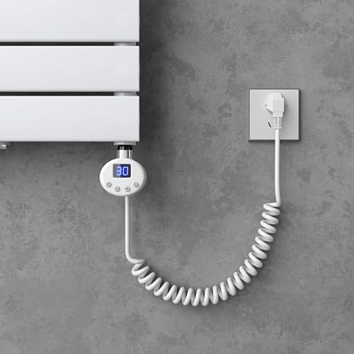 doporro Resistenza Elettrica per Radiatore da Bagno 1000 W con Display LCD | Colore Bianco, Acciaio Inox, Potenza 1000 W, Per Radiatori ad Acqua, Installazione Verticale, Protezione dal Surriscaldamento