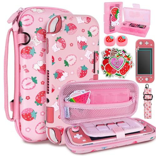 TIKOdirect Carrying Case for Switch Lite, Pretty Shockproof Portable Travel Bag with Soft Protective Case, Screen Protectors, Cute Thumb Grips Caps and Game Card Case, Pink