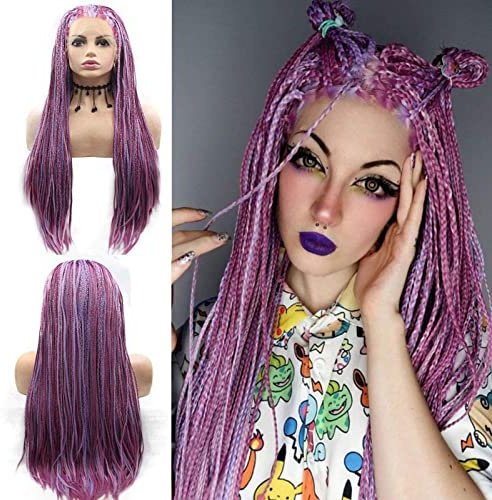 Pelucas moradas micro trenzadas para mujeres negras, hechas a mano, sin nudos, peluca larga con reflejos lila, realista, encaje frontal, sin pegamento, sintético, resistente al calor, maquillaje