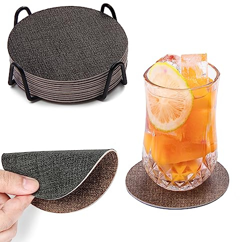 Chitomars Untersetzer Gläser 12er Set, doppelseitige Leder Glasuntersetzer | Rutschfest abwaschbare Getränkeuntersetzer Kunstleder Glas Untersetzer-Set mit Halter (Grau Braun, Rund)