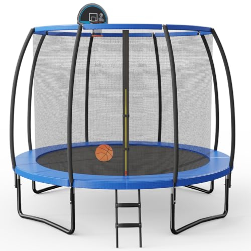 GYMAX Trampolín de φ244/305 cm con Canasta de Baloncesto y Escalera, Trampolín de Jardín con Red de Seguridad y Cubierta de Borde, Cama Elástica para Exteriores para Niños y Adultos (φ305 cm)
