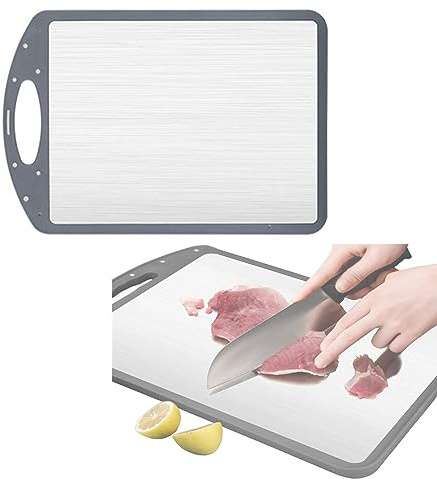 QUHUOYAO Planche à découper pour cuisine | Planche à découper double face en acier inoxydable pour cuisine avec poignée facile à prendre en main, 25,4 x 38,1 cm, facile à nettoyer