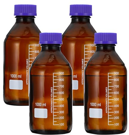 PATIKIL 4 Paquet Media Stockage Bouteilles, 1000ml Borosilicate Verre Gradué Rond Bouteilles avec GL45 Bleu Vis Bouchon pour Laboratoire Eau Réactif Liquides, Marron