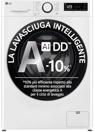 LG AI DD D4R3009NSWB Waschtrockner 9/6 kg, Serie R3, Klasse D, Waschmaschine und Trockner, 1400 Umdrehungen, Dampfwäsche, Eco-Hybrid, Allergy Care, Direct Drive, Invertermotor Direct Drive, Weiß