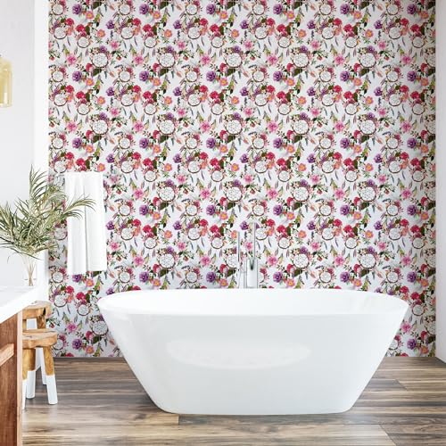 ABAKUHAUS Ethnisch abziehbare & klebbare Tapete für Zuhause, Traumfänger Blumiger Retro, selbstklebendes Wohnzimmer Küchenakzent, 33 cm x 250 cm, Baby Pink Blasses Violett