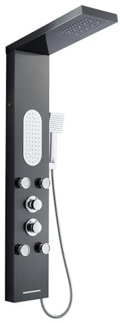 KEOKBON Stainless Steel LED Shower Tower Column Panel 5 Function 5 in 1 Shower System with Overhead Rainfall, 2 Body Massage, Handheld Shower, Waterfall Bath Spout, Stainless Steel Black Finish