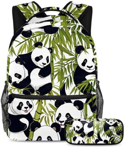 Bleiben Sie trendig und organisiert, Rucksack mit Federmäppchen, stilvolles Schulranzen-Set für Jungen, Mädchen, Teenager, niedliches Panda-Muster, mehrfarbig, B：29.4x20x40cm P：19x7.5x3.8cm,