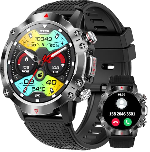 JELLOO Militärische Smartwatch für Herren, 1,3 Zoll HD Bluetooth Anruf Smartwatch für iPhone Android, IP68 Wasserdicht Fitness Tracker Uhr mit Herzfrequenz, Schlafmonitor, 100+ Sportmodi