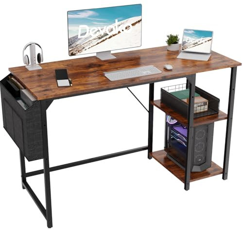 Devoko 120cm Computer Schreibtisch mit Reversible Regal,Schreibtisch Kleiner Tisch mit Kopfhörerhaken,Industrial Style Study Table,Computertisch Klein für Home Office,Vintage Braun