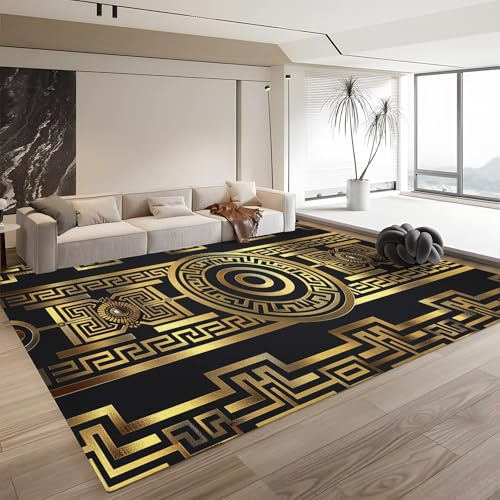 Generisch Waschbar Teppich 160 x 230cm Vintage Schwarz und Gold Luxus Griechenland Teppich Wohnzimmer 3D-geometrischer Golddruck Läufer Wohnzimmer Balkon Auch für KüChe oder Lernzimmer Schalldämmung
