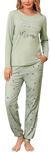 Sykooria Conjunto de Pijama Mujer Algodón de Manga Larga Pijama de Invierno Top y Pantalones Ropa de Dormir Suave para Mujer Pjs Lounge Wear(Verde,S)