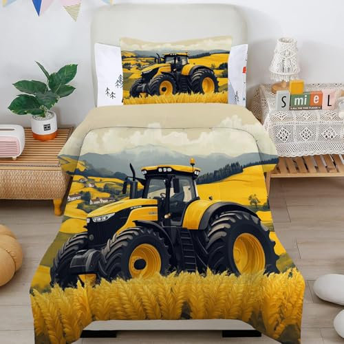 GSAEIMCT Bettwäsche-Set Traktor-Einzelbettwäscheset ohne Bezug mit 1 Kissenbezug für Jungen, weiches, waschbares gelbes Steppbett mit Schwermaschinenfahrzeugen, Kinderbettwäsche, 135 x 200 cm