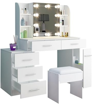 Dressing Table, Vanity Desk with LED Lights, Makeup Desk, White Dressing Table with Mirror and Stool, Makeup Vanity Table with 6 Drawers 6 Shelves for Women Girl