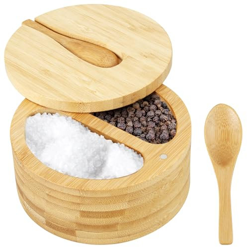 Storage organiser， Salero y pimentero Salero de bambú con tapa giratoria y mini cuchara, 2 compartimentos, recipiente multiusos for condimentos for especias