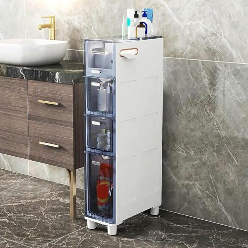MEWVABKW Lagerschrank, stapelbare Lagerschubladen, schmaler Lagerschrank, schmaler Toiletten-Lagerschrank, Lagerturm mit durchsichtigen Schubladen und Rollen, Stabiler schmaler Kommodenturm für Badez