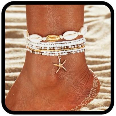 Handcess Boho-Perlen-Fußkettchen, goldfarben, Muschel, Fußkettchen, Fußschmuck für Damen, Einheitsgröße, Perlen, Muschel, Seestern, Kein Edelstein