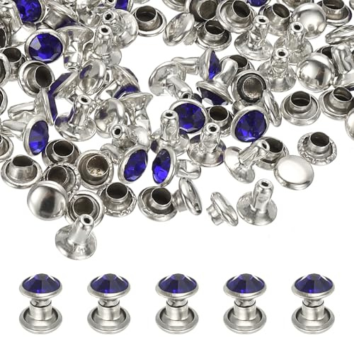 PATIKIL 6mm Leather Rivets, 70 Sets Rhinestone Rivet Studs Double Cap Spikes Rivet for Leather Crafting for Decor Repair DIY Clothing Belts Bags Shoes, Dark Blue Silver Tone