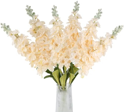 Verblomw 6pcs Champagne Delphinium Artificial Flowers Lifelike Larkspur Silk Flowers Faux Plant 34.6'' Long Stem Fake Flowers for Tall Vase Floral Arrangements Home Table Wedding Decor (Champagne)