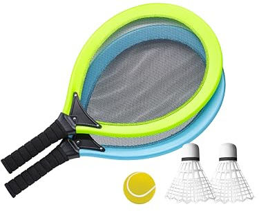 Jumbo Tennis-Federball Set - XXL Schläger 70 x 36,5 cm mit Tennisball | Leichtes Outdoor-Spielset für Kinder & Erwachsene, wetterfeste Riesen-Badminton-Schläger inkl. 2 XL Federbällen & Ball