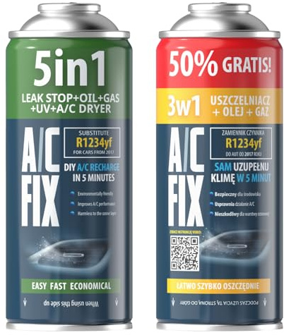 AC Fix 5 en 1 – sustituto R1234yf + 3 en 1 Refrigerante para Aire Acondicionado de Coche con Aceite, sellador, Tinte UV y desecante. Aplicación rápida. Protege el compresor.