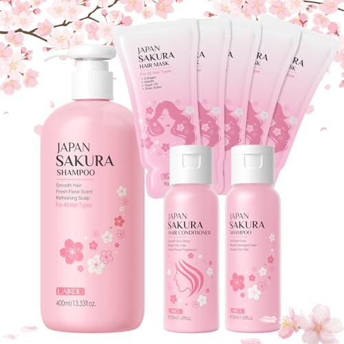 LAIKOU Sakura Shampoing Hydratant, 400ml Shampoo Femme + Après-Shampoing + Masque Capillaire + Formats Voyage, Hydratation Douceur Anti-chute et Anti-casse, pour Cheveux Secs Ternes et Frisés