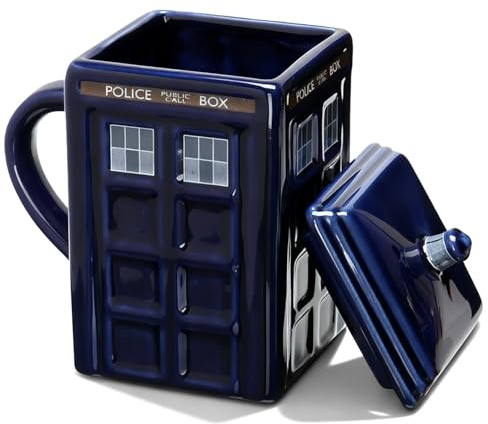 VEGOATY 500ml Keramik Tasse: Blau Kaffeetasse Telefonzelle Design Mit Deckel, Kreatives Design Keramikbecher Mit Deckel, Kaffeebecher, Lustiges Geschenk Für Freunde, Familie & Kollegen