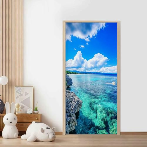 Oceano Turchese Adesivo Porta Autoadesiva, Mare Blu Adesivi per Porte 3D, Paesaggio Naturale Carta da Parati in Vinile per la Casa 77x200 cm