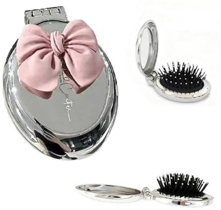 Compact Folding Hair Brush with Mirror & Vent Cushion, Portable Detangling Travel Hairbrush for Women & Girls, Painless Scalp Massage, 1.5x Magnification, Foldable Design