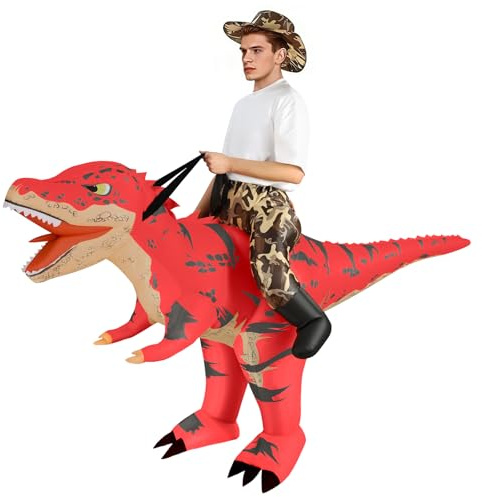 Alaoo Uppblåsbar kamouflagedinosauriedräkt, vuxen dinosauriedräkt (hatt ingår), uppblåsbar Raptor-dräkt för halloweenfest, julfest, unisex, vuxen, röd