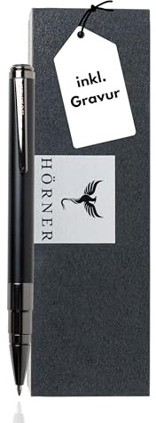Hörner Lacuna Kugelschreiber Gravur – Metallgehäuse, schlank-ergonomisch, personalisiert, austauschbare Mine, Chromakzente, Clip Schriftzug, 13,8 cm, Ø 1,3 cm, 30 g, Geschenkbox, Schwarz