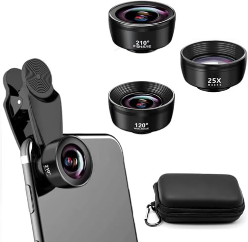 Auricase Lente per smartphone, 3 in 1 Lente macro per iphone, Obiettivo per iphone, grandangolare, obiettivo Macro, 210° fisheye lens, per tutti gli smartphone