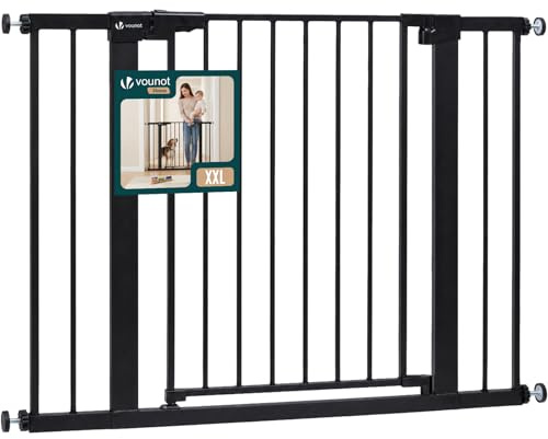 VOUNOT® Treppenschutzgitter ohne Bohren 103-110 cm, Metall Treppengitter Türschutzgitter für Kinder und Hunde, 76 cm hoch, Auto-Close, Doppelverriegelung, Beidseitige Einhand Öffnung, Schwarz