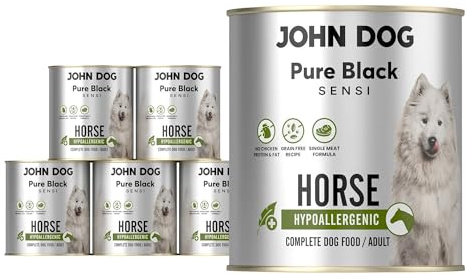 John Dog Hundenassfutter Pure Black Hypoallergenic Pferdefleisch - Getreidefreies Monoprotein Nassfutter für empfindliche Hunde - Hundefutter ohne Huhn, unterstützt Haut und Fell 6 x 800g