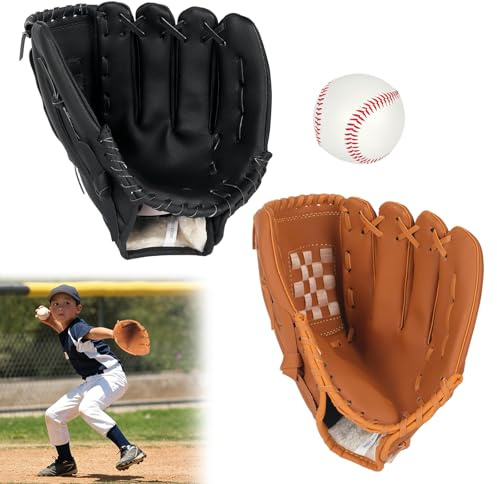 Inscrip Baseball Handschuhe, 2 Stück 12.5 Zoll Softball Handschuhe mit Einem Ball, PU-Leder Erwachsenen Baseball Training Wettbewerb Handschuh, Linkshänder Baseballhandschuh (Schwarz Gelb)