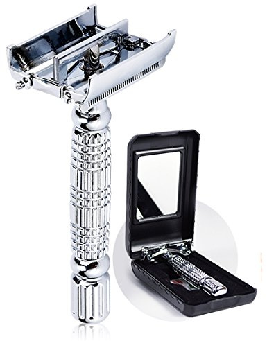 BAILI Butterfly Open TTO Double Edge Metal Safety Razor Wet Shaving Kit for Men Women with Platinum Blade and Mirrored Travel Case BD179