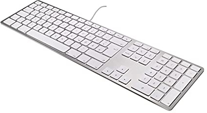 Matias FK318S-DE Aluminium Erweiterte USB Tastatur/Keyboard für Apple Mac OS | QWERTZ | Deutsch | mit reaktionsschnellen flache Tasten und zusätzlichem Ziffernblock | Silber/Weiß