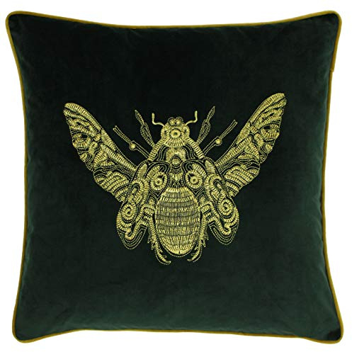 Paoletti Riva Cerana Cojín-Verde Esmeralda-Super Soft Velvet Tela-Bordada Diseño Bee-Oro Hilo Bordes-100% Polyester-50 X 50Cm (20 X 20 Pulgadas), Poliéster, 50x50cm