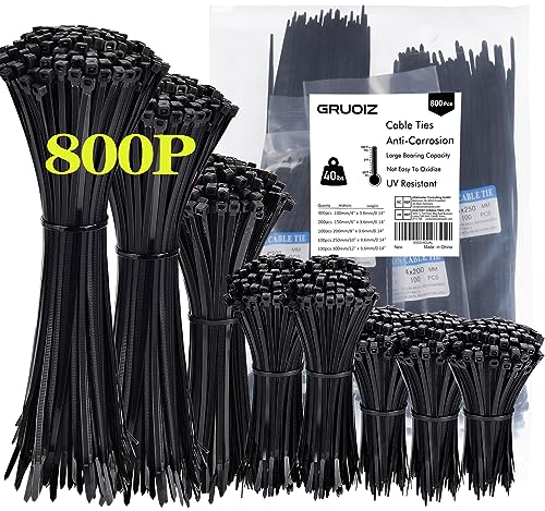 800 Pack Cable Ties Assorted Sizes 3.6mm x 100/150/200/250/300mm Black Cable Ties Heavy Duty Tie Wraps Assorted Plastic Zip Ties 40lbs Wire Ties Black Small Nylon 66 Plastic Ties for Home, Gardening