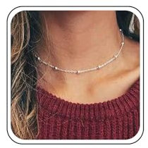 Yheakne Boho Beaded Choker Necklace Silver Station Ball Necklace Satellite Chain Choker Skinny Minimalist Necklace Jewelry for Women and Teen Girls (Silver)