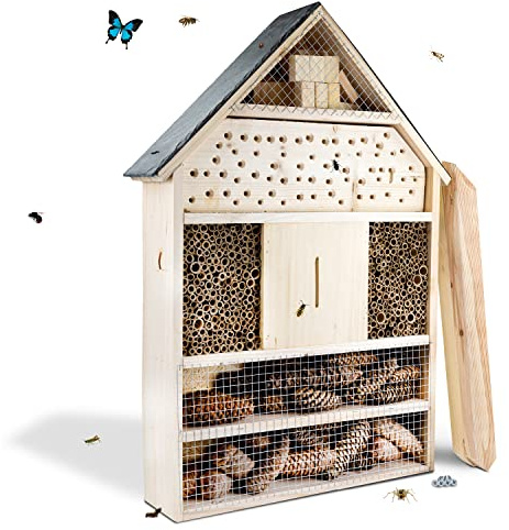 GARTENETAGE Insektenhotel XXL mit Schieferdach/Naturbelassenes, massives Insektenhaus & Bienenhotel/Insektenhotel zum Aufstellen mit Pfählen, witterungsbeständig/Marienkäferhaus, Schmetterlingshaus
